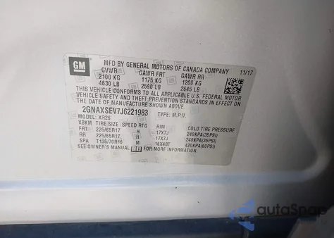 2018 Chevrolet Equinox Lt из США, поврежденный, VIN 2GNAXSEV7J6221983